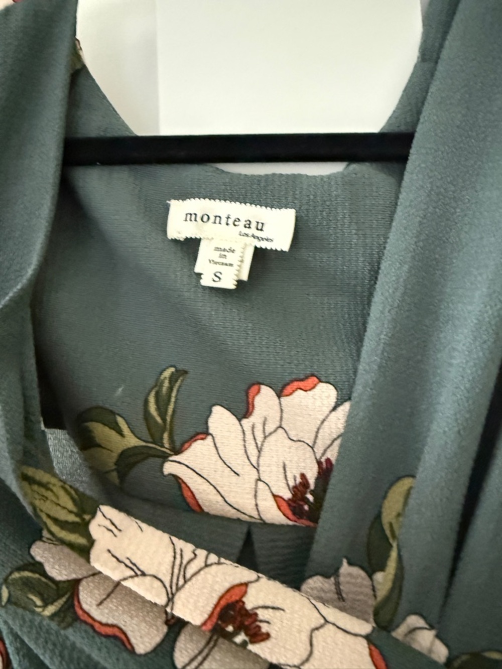 Monteau Floral Dress Size S Green Tie Waist Short Sleeve Casual - Picture 3 of 3